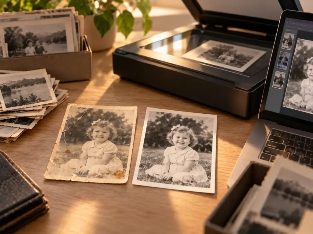 Altes Papierfoto wird im Fotolabor in München-Pasing digitalisiert